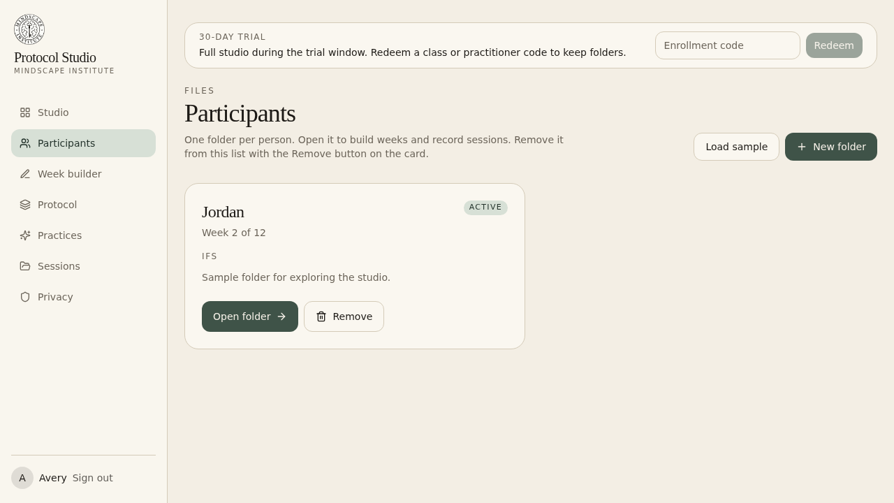 Participants list with Open folder and Remove
