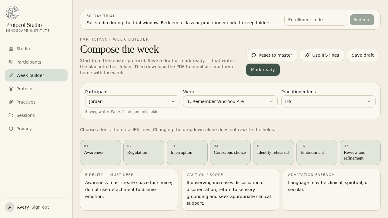 Week builder with Download PDF