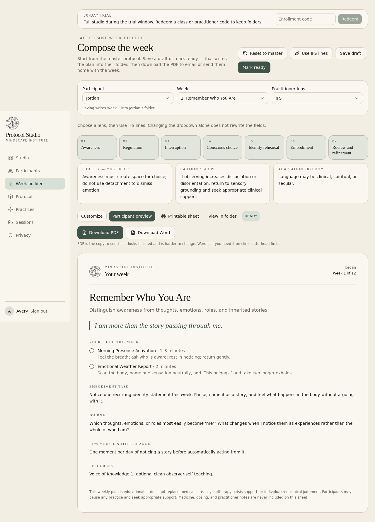 Participant preview of the weekly plan