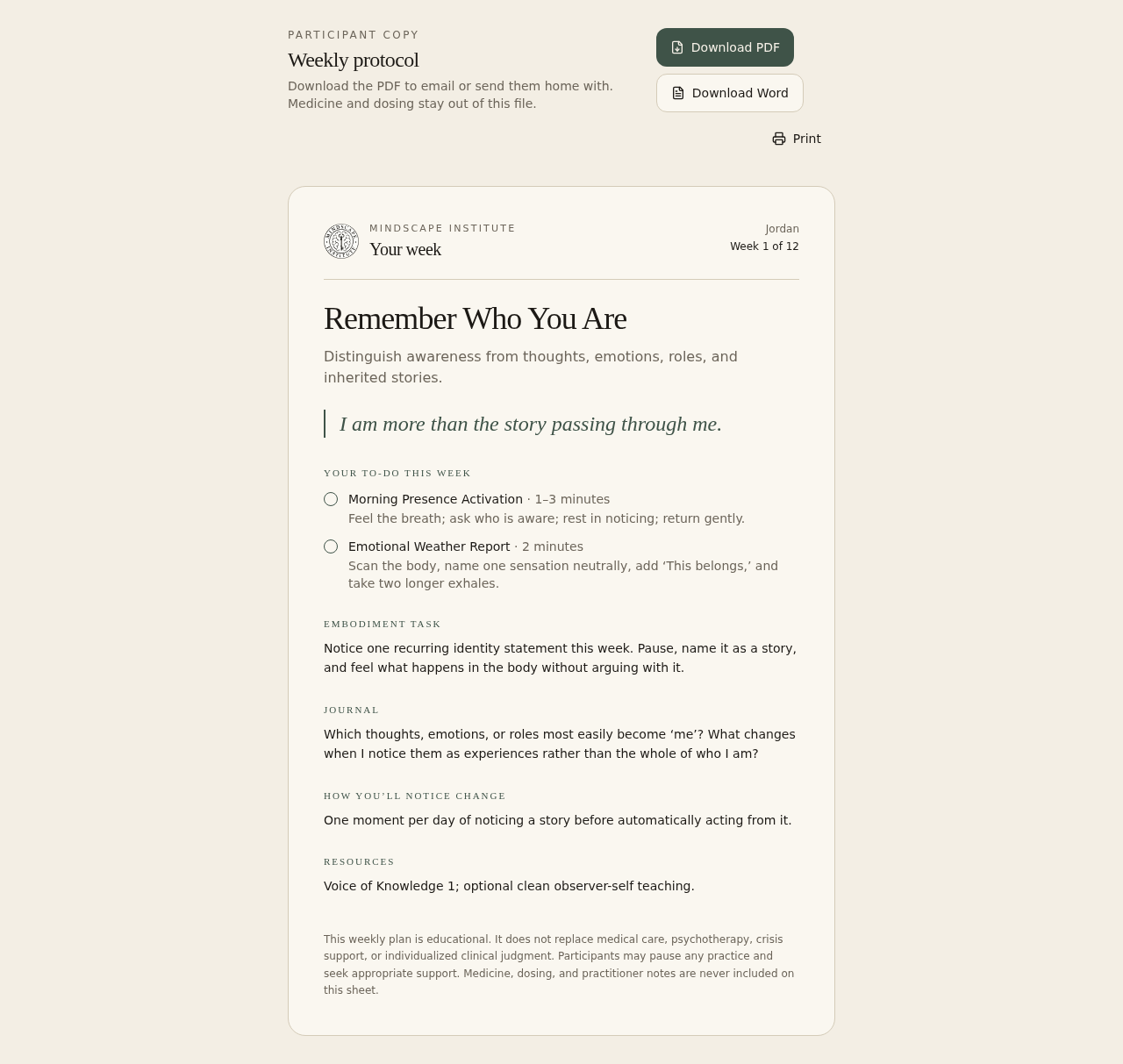 Client-facing weekly protocol sheet